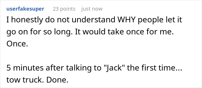 Comment text about confronting a neighbor using a driveway repeatedly after a long nurse shift, expressing frustration.