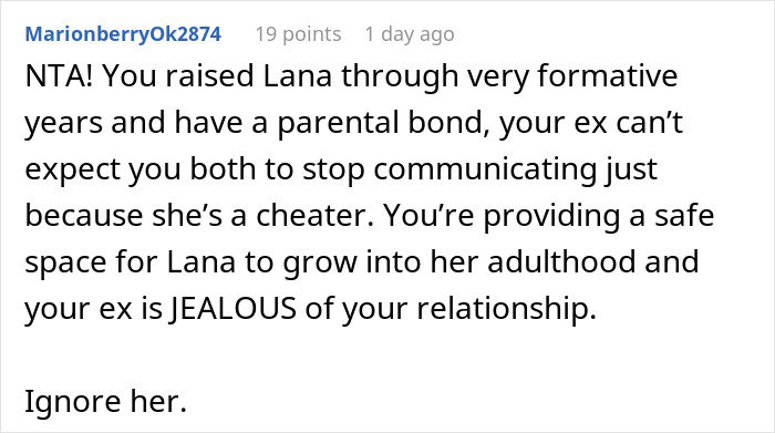 Comment discussing a mom furious about ex letting stepdaughter date and have a love nest after bio-dad said no.