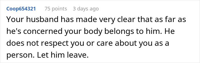 Comment text expressing concern over a husband giving an ultimatum regarding plastic surgery and control.