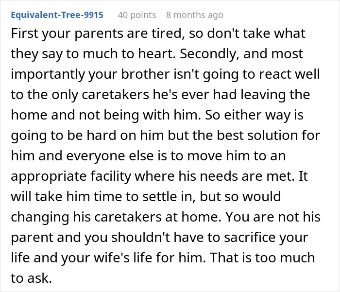 Comment discussing challenges when parents expect a son to care for autistic brother and the impact of saying no.
