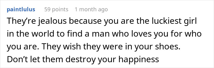 Screenshot of an online comment offering support to a woman devastated after friends say her model boyfriend is out of her league.