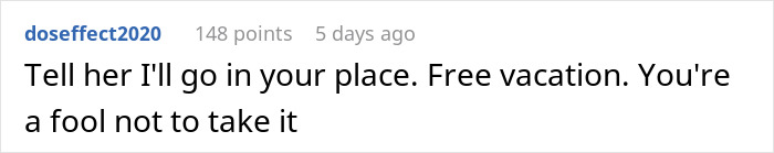 Screenshot of a social media comment about a boss inviting her on vacation, offering to go in her place.