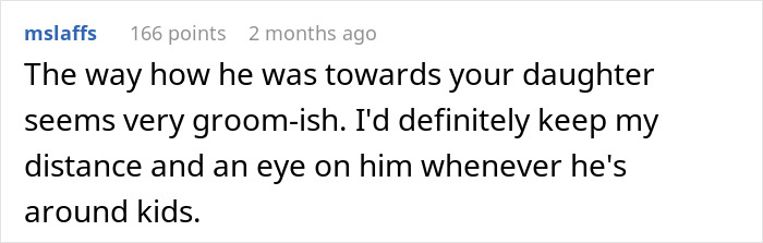 Screenshot of a Reddit comment warning about a man&rsquo;s suspicious behavior around children, discussing concern for safety.