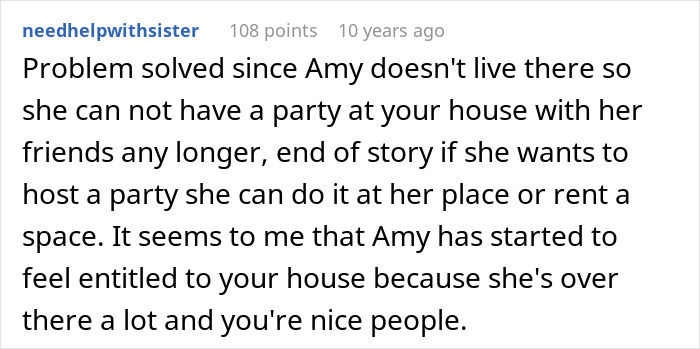 Comment discussing a woman accused of ruining a party by staying in homeowners&rsquo; house and feeling entitled.