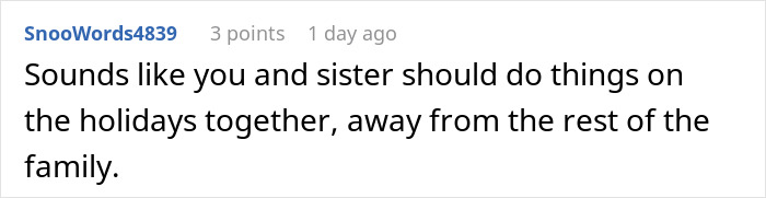 Screenshot of a Reddit comment suggesting sister and user spend holidays together away from family, related to cheating exposure.