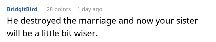 Comment text on a white background discussing the impact of cheating on marriage and sister's learning from experience.