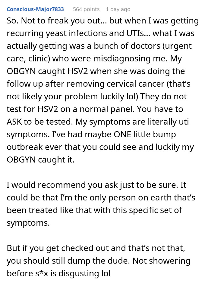 User comment discussing recurrent infections and misdiagnosis, advising testing for infections before marriage reconsideration.