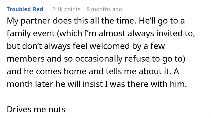 Screenshot of a Reddit comment describing a partner falsely recalling attending an art class together, causing frustration.