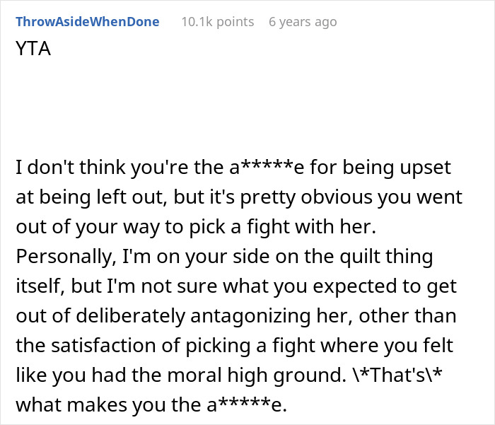 Reddit comment discussing a childfree woman upset about her MIL refusing to make a family quilt, receiving online feedback. Reddit comment discussing a childfree woman upset about her MIL refusing to make a family quilt, receiving online feedback.