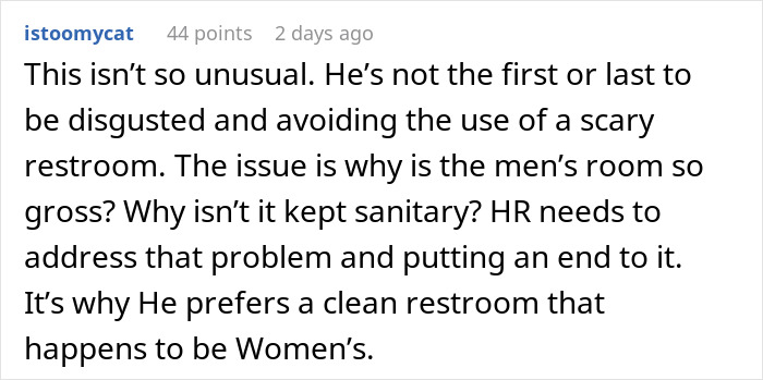 Comment discussing a gay man finding the men&rsquo;s restroom unsafe and gross, preferring to use the ladies&rsquo; restroom instead.