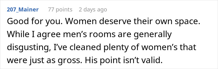 Screenshot of a forum comment discussing men&rsquo;s restrooms being unsafe and gross, and opinions on restroom cleanliness.