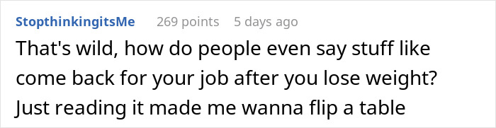 Comment expressing frustration about new manager saying overweight woman is unfit to see clients and suggesting weight loss time off.