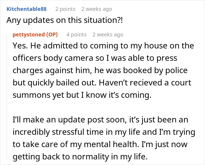Online discussion about a stalker customer found home and rang doorbell with updates on police and legal actions.