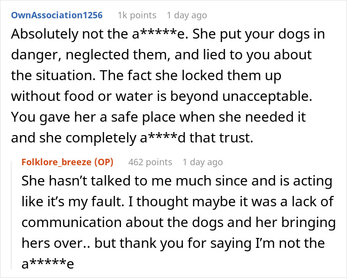 Reddit comments discussing a friend who locked up woman's dogs while her own dogs roamed free during house sit.