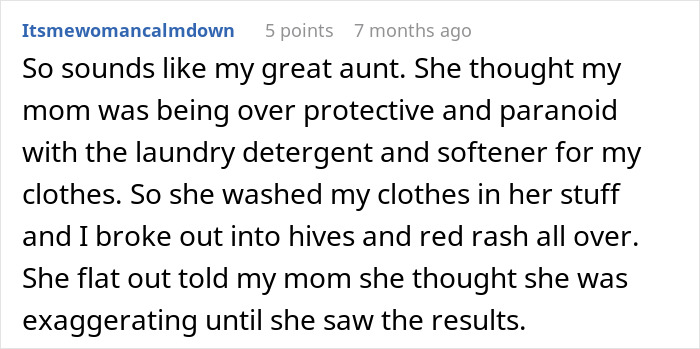 Screenshot of a Reddit comment describing a woman’s allergy reaction after her clothes were washed with unfamiliar detergent. Screenshot of a Reddit comment describing a woman’s allergy reaction after her clothes were washed with unfamiliar detergent.