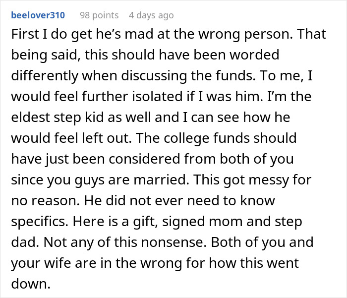 Comment discussing a man denying his stepson&rsquo;s pleas to contribute to his college fund, highlighting family tension.