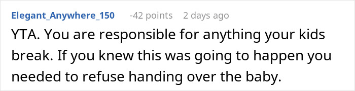 Comment discussing responsibility for damages after a baby breaks a friend&rsquo;s iPhone and Gucci sunglasses.