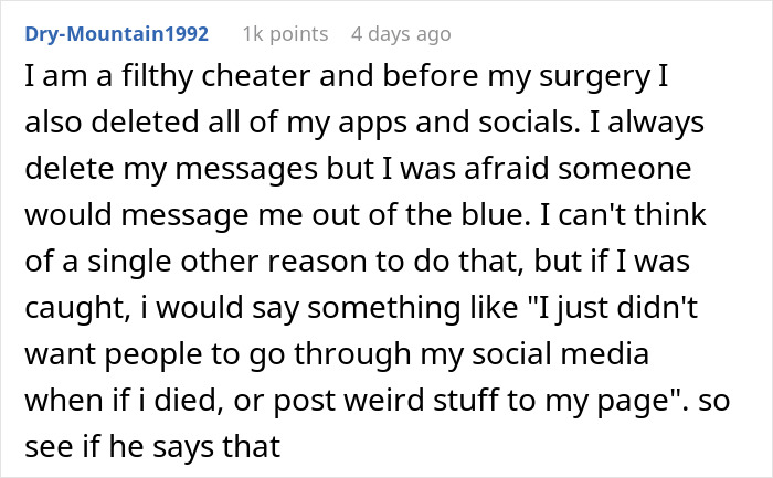 Text post showing a confession from a suspicious and confused wife checking husband&rsquo;s phone during surgery.