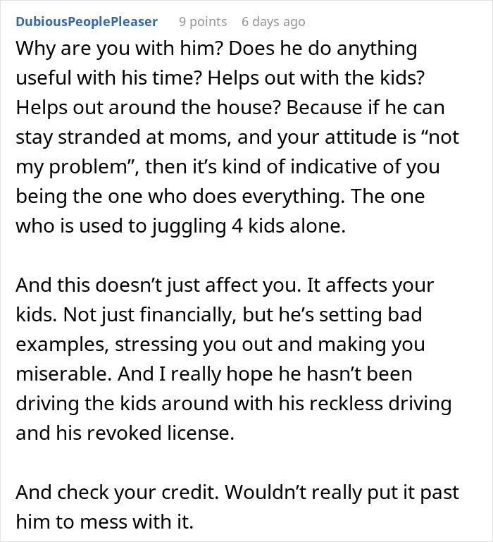 Screenshot of a Reddit comment discussing a man expecting wife to rescue him after missing his flight and the resulting lesson.