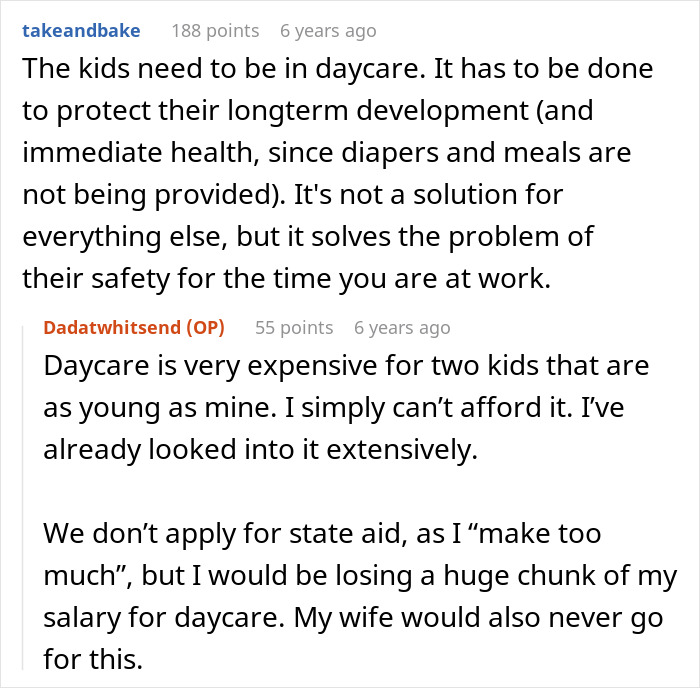 Reddit conversation about wife leaving toddlers behind, husband struggling with daycare costs and parenting challenges.