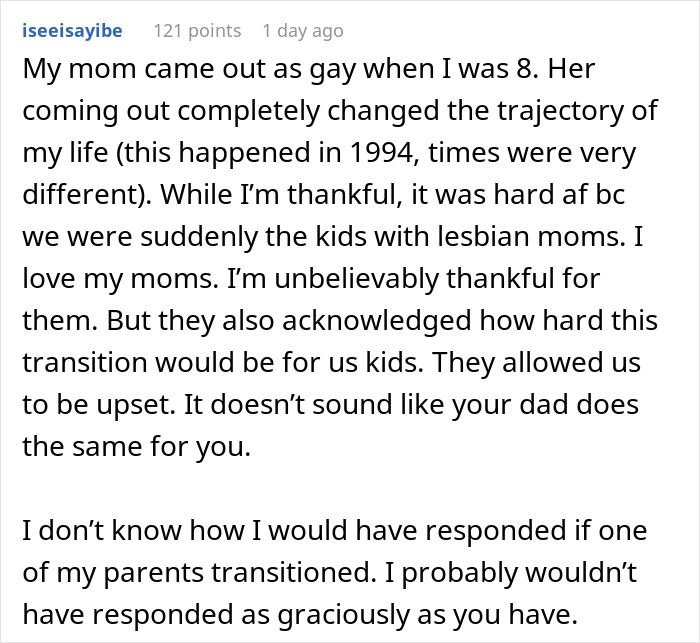 Reddit user shares experience of dad turned trans demanding kids call him mom and impact on 18YO son's life. Reddit user shares experience of dad turned trans demanding kids call him mom and impact on 18YO son's life.