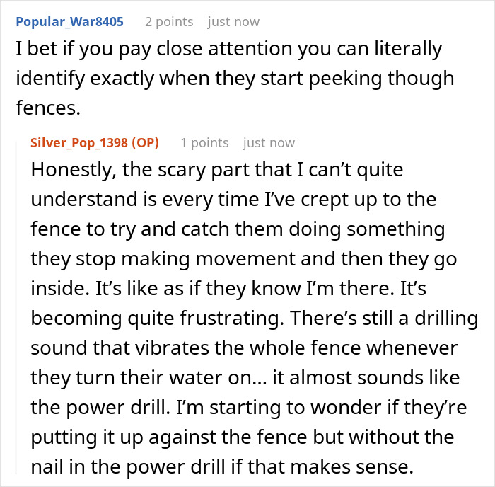 Reddit thread discussing a neighbor admitting her mom drilled holes in fence to spy and deny taunting dogs.