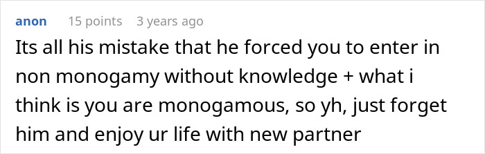 Screenshot of an online comment discussing regrets about entering a non-monogamous relationship without full consent.