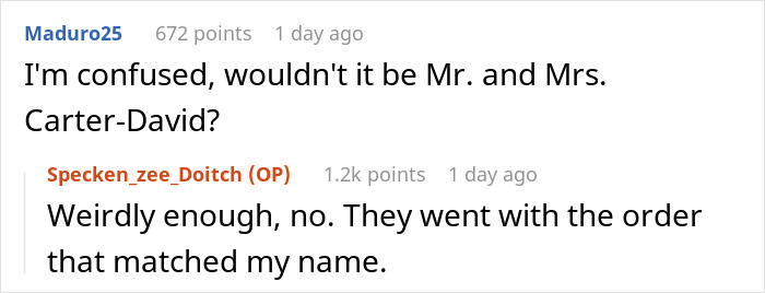 Screenshot of a Reddit conversation about a guy finding out his ex-wife and her new husband legally changed their name to his.