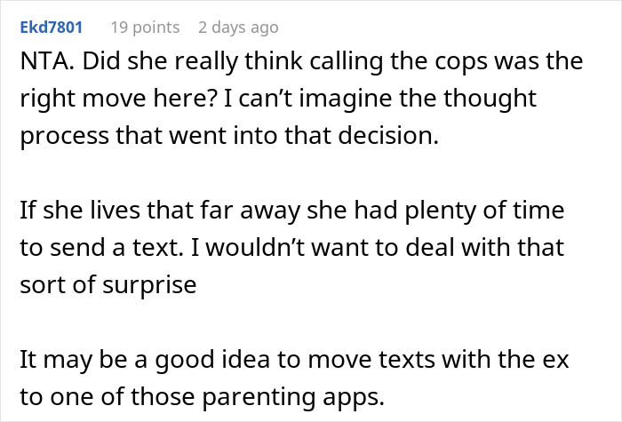Commenter discussing a woman showing up unannounced at ex daughter-in-law’s doorstep and calling the cops. Commenter discussing a woman showing up unannounced at ex daughter-in-law’s doorstep and calling the cops.