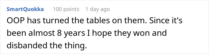 Comment from user SmartQuokka expressing hope that HOA lost after 8 years of conflict with siblings over house rule.