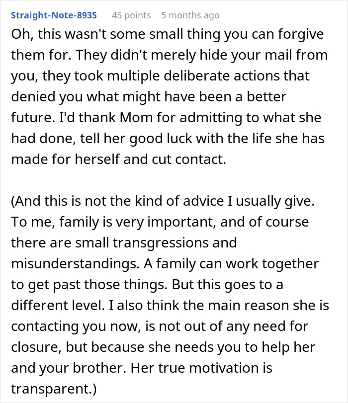 Comment discussing the impact of a mom purposely hiding college acceptance letters from her least favorite kid.