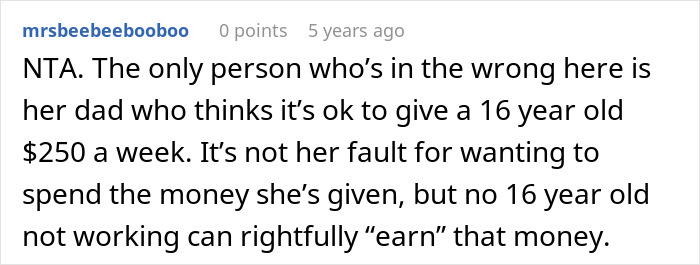 Screenshot of a Reddit comment discussing fairness and money spending limits set by a mom for her daughter.