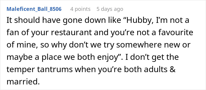Comment discussing a man refusing to check a restaurant menu and the resulting decision to not eat out.