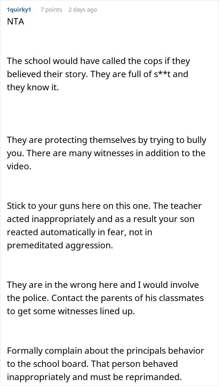 Online comment defending student after teacher scares him during class, discussing suspension and parental concerns.