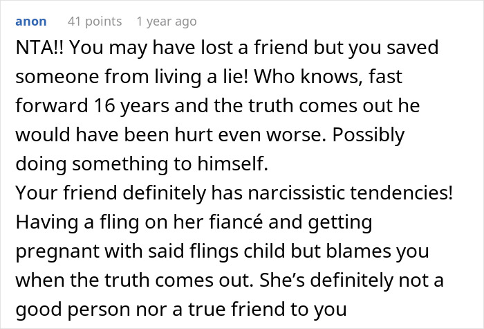 Comment discussing a woman who can&rsquo;t hold friend&rsquo;s heavy secret and reveals it to her fianc&eacute; before the wedding.