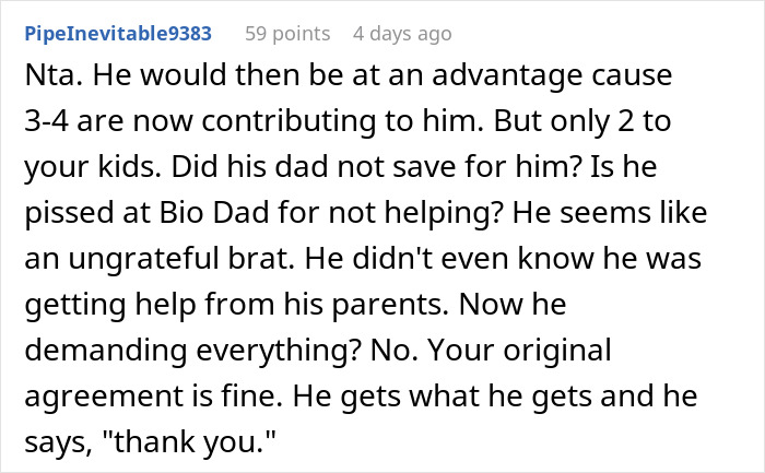 Man denies stepson&rsquo;s pleas to contribute to college fund, causing family conflict over financial support and fairness.