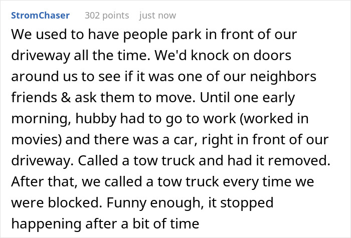 Nurse frustrated after long shift finds neighbor repeatedly parking in her driveway, leading to a tow truck call.