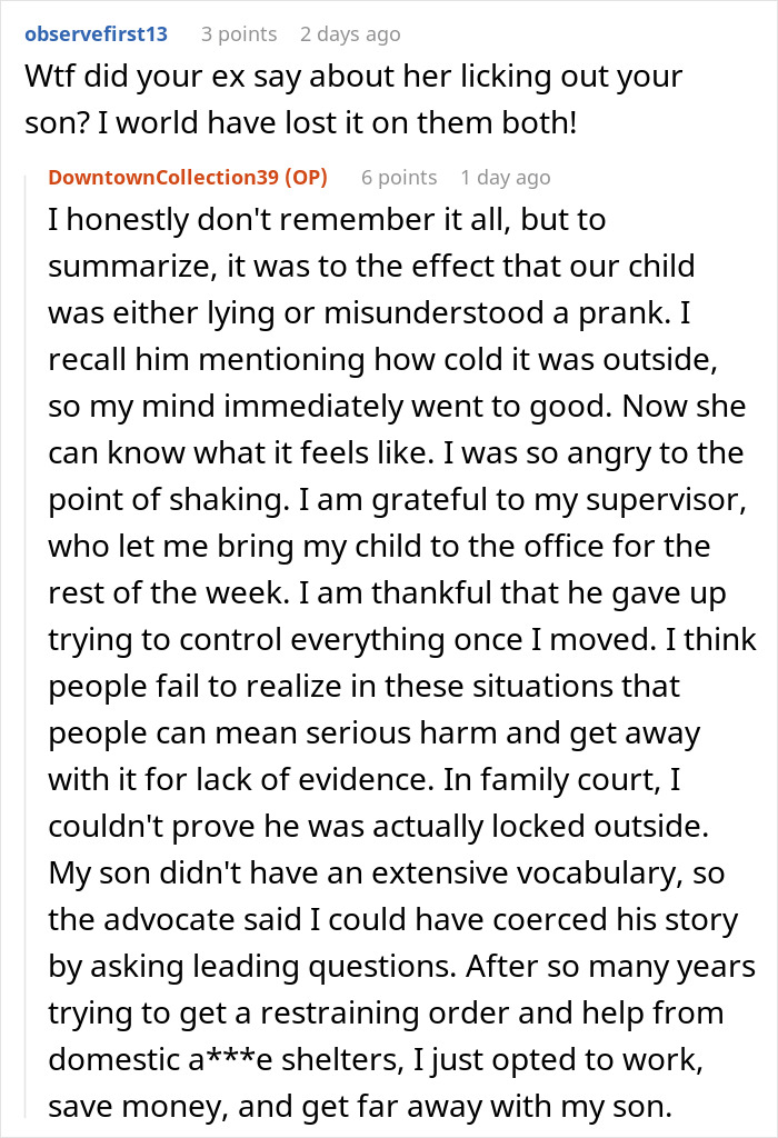 Screenshot of a Reddit conversation discussing a child locked out in winter and the mom&rsquo;s response involving legal and personal struggles.