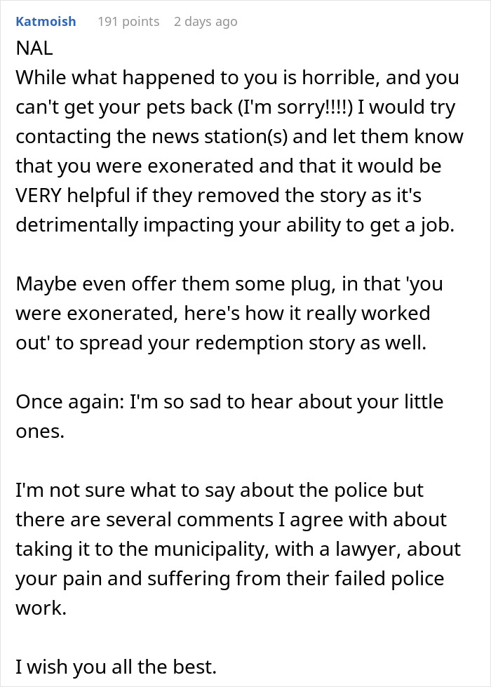 Comment discussing wrongful consequences faced by a man proven not guilty of a crime and seeking justice advice.