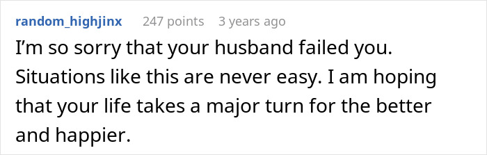 Screenshot of a Reddit comment expressing sympathy for a wife whose husband gets anxious and asks for divorce during IVF.