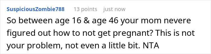 Comment discussing a 46-year-old pregnancy and adult kids expected to provide 24/7 help, expressing disagreement.