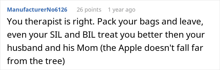 Screenshot of a Reddit comment calling out a mother-in-law for treating someone badly and causing allergy issues. Screenshot of a Reddit comment calling out a mother-in-law for treating someone badly and causing allergy issues.