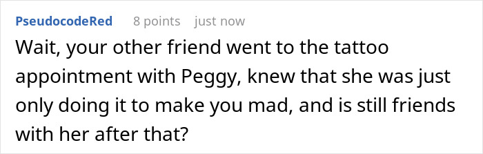 Text message conversation on screen discussing a lying pick me girl tattoo inspiration and friendship conflict.