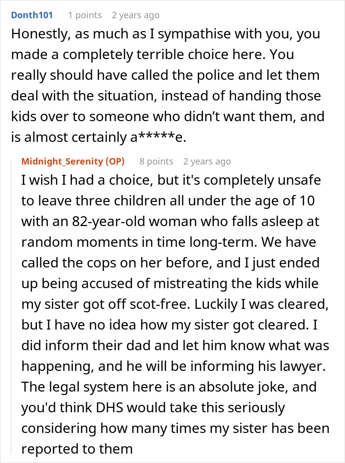 Reddit conversation about sister threatening to call cops after woman brings her kids home amid safety concerns.