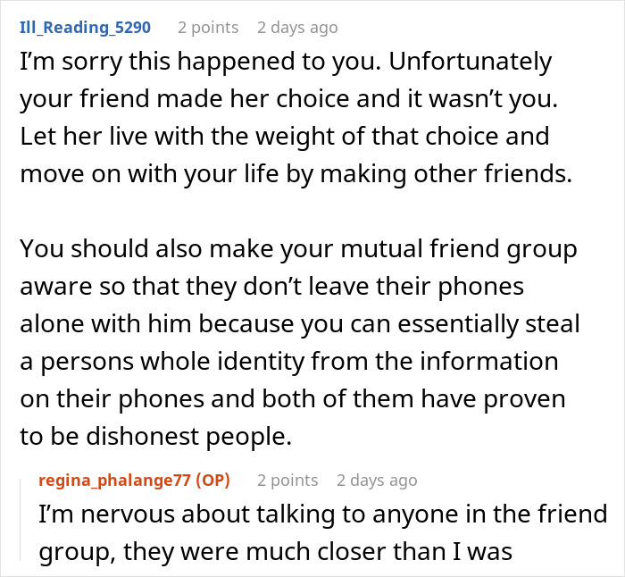 Reddit comment discussing a woman cutting off a long-term friend after privacy violation suspicions were dismissed.