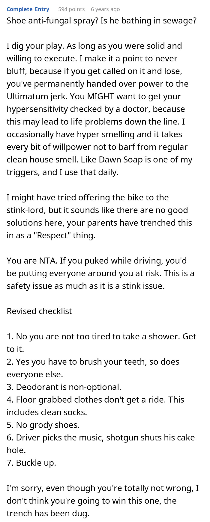 Screenshot of a discussion about a teen creating a hygiene checklist for brother before school drives.