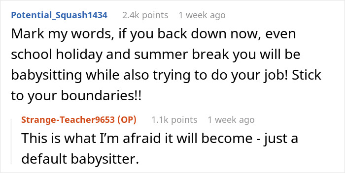 Alt text: Online discussion about a 40-year-old aunt refusing to be a free sitter and facing family guilt-tripping. Alt text: Online discussion about a 40-year-old aunt refusing to be a free sitter and facing family guilt-tripping.
