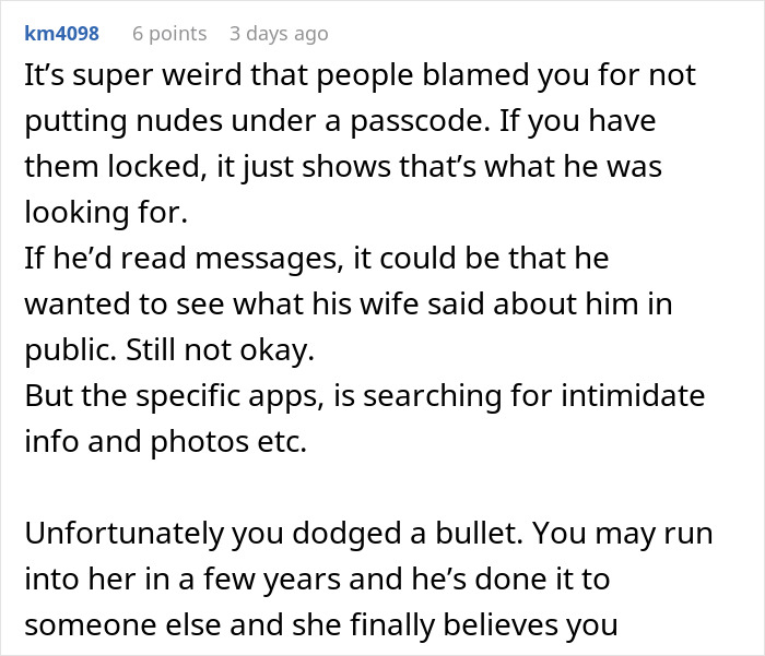 Comment discussing privacy violation suspicions and a woman's decision to cut off her long-term friend after dismissal.
