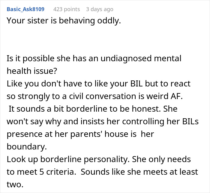 Comment discussing a woman forbidding her brother-in-law from communication despite seeing nephew less, without explanation.