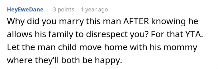 Screenshot of a social media comment criticizing a man for allowing his family to disrespect his partner, highlighting family conflict. Screenshot of a social media comment criticizing a man for allowing his family to disrespect his partner, highlighting family conflict.